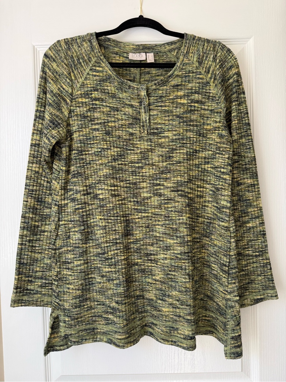LOGO Marled Green Multicolored Ribbed Knit Scoop Henley Tunic Sweater
